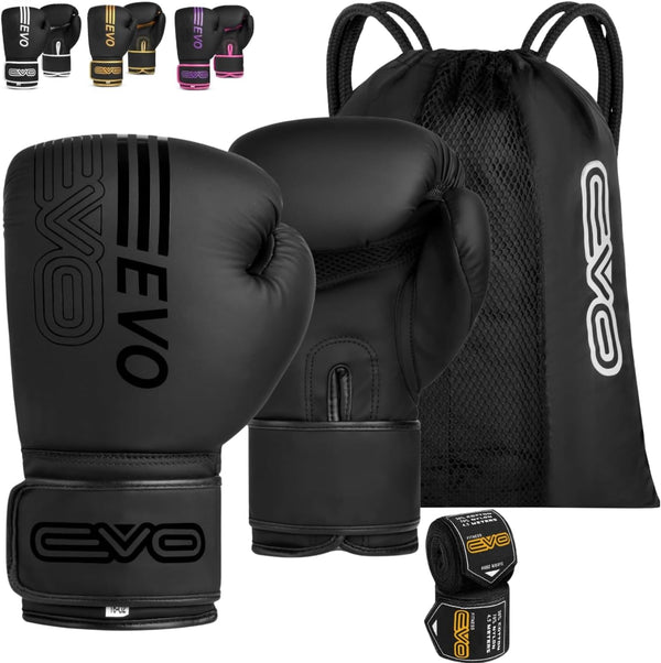 EVO Fitness Predator Series Matte Black Boxing Gloves