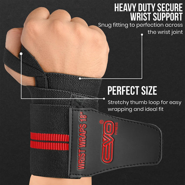 EVO Fitness Weight Lifting Wrist Wraps  (Black/Red)