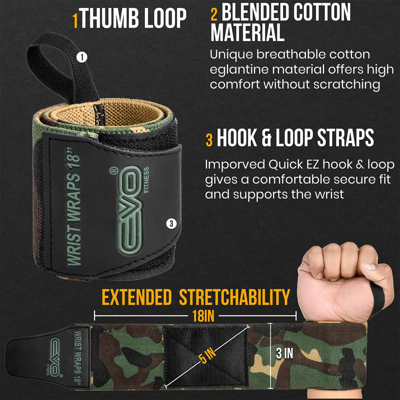 EVO Fitness Weight Lifting Wrist Wraps (Camo Green)