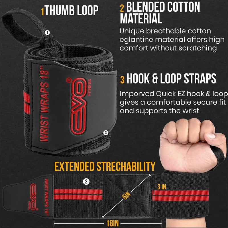 EVO Fitness Weight Lifting Wrist Wraps  (Black/Red)